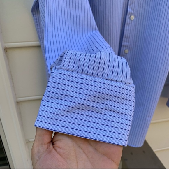 Emanuel Ungari light blue and navy striped button up dress shirt 17 34/35 XL - Picture 5 of 15